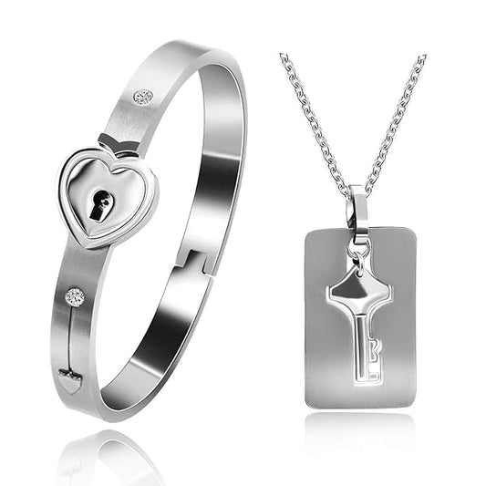 Couple Heart Lock & Key Silver Anti-Tarnish Bracelet