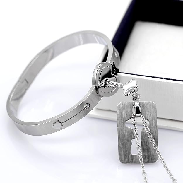 Couple Heart Lock & Key Silver Anti-Tarnish Bracelet